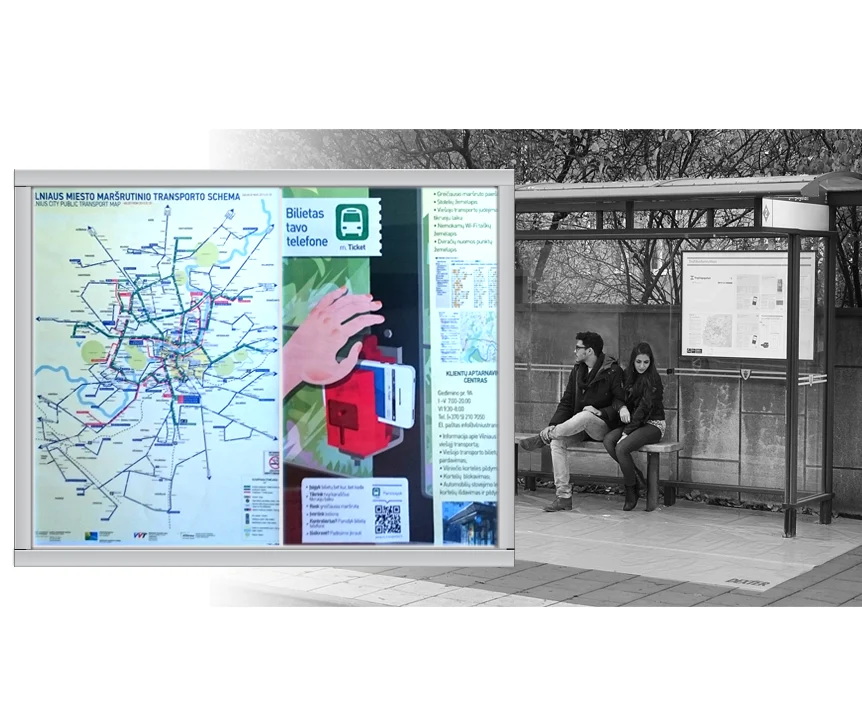 Route map board with a Vilnius transport map and an installation example on bus shelter glass